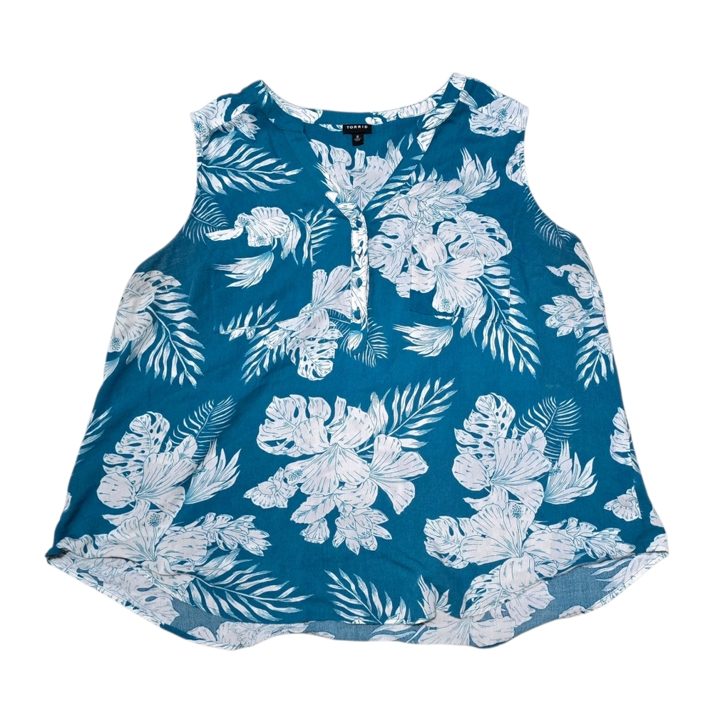 Pre-Owned Torrid Size 2 Women's Sleeveless Linen Top Blouse Blue Tropical Rayon